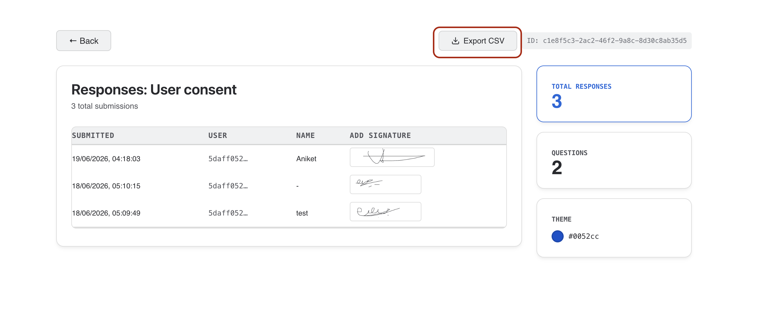 Response table with CSV export button highlighted